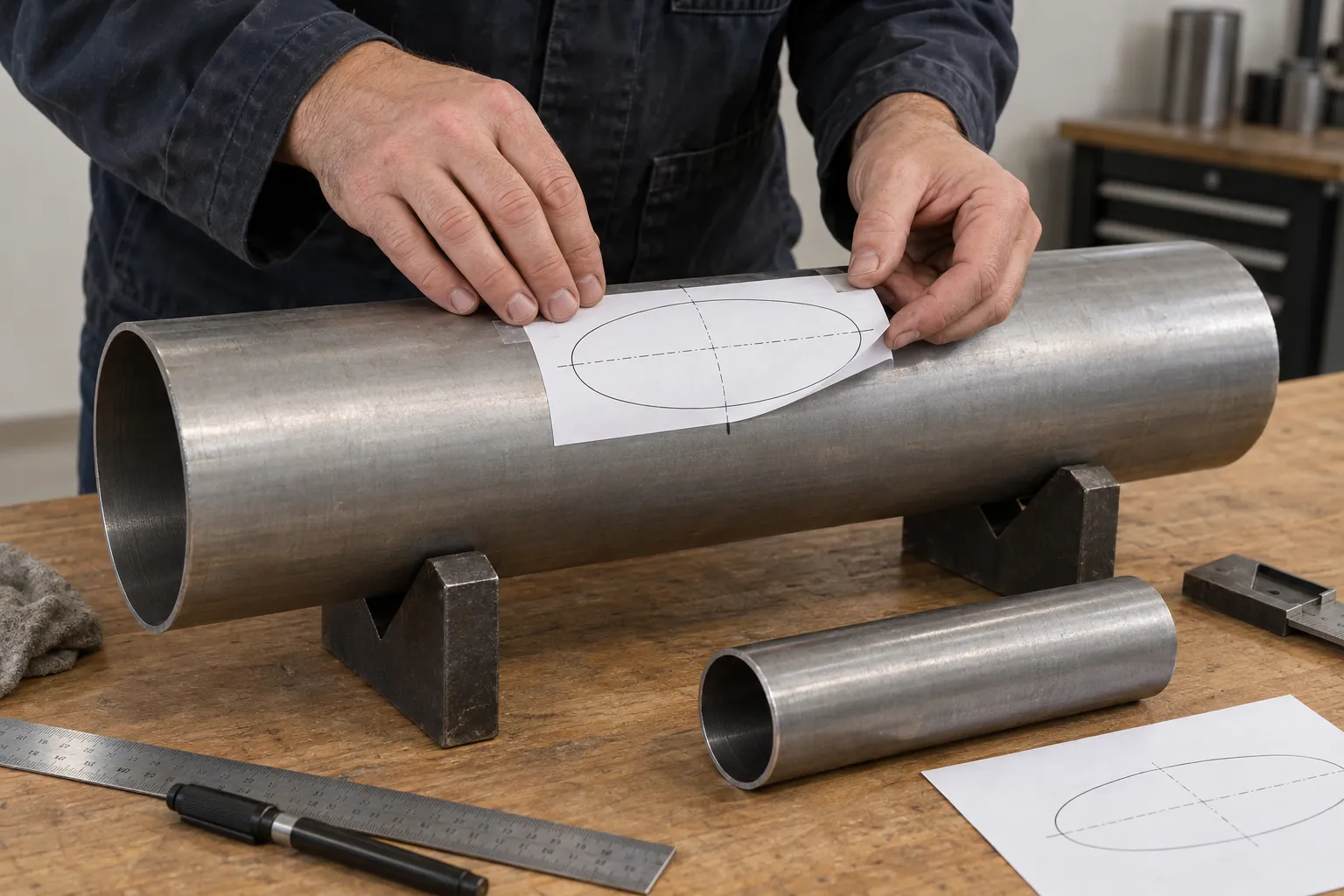 Complete paper opening template placed against a main pipe