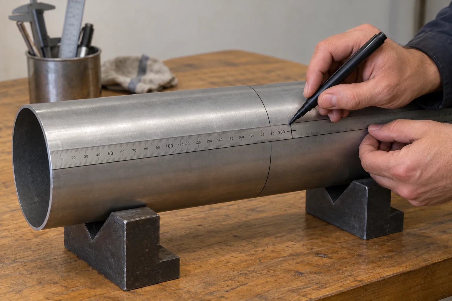 Ruler along the main pipe for marking an axial distance