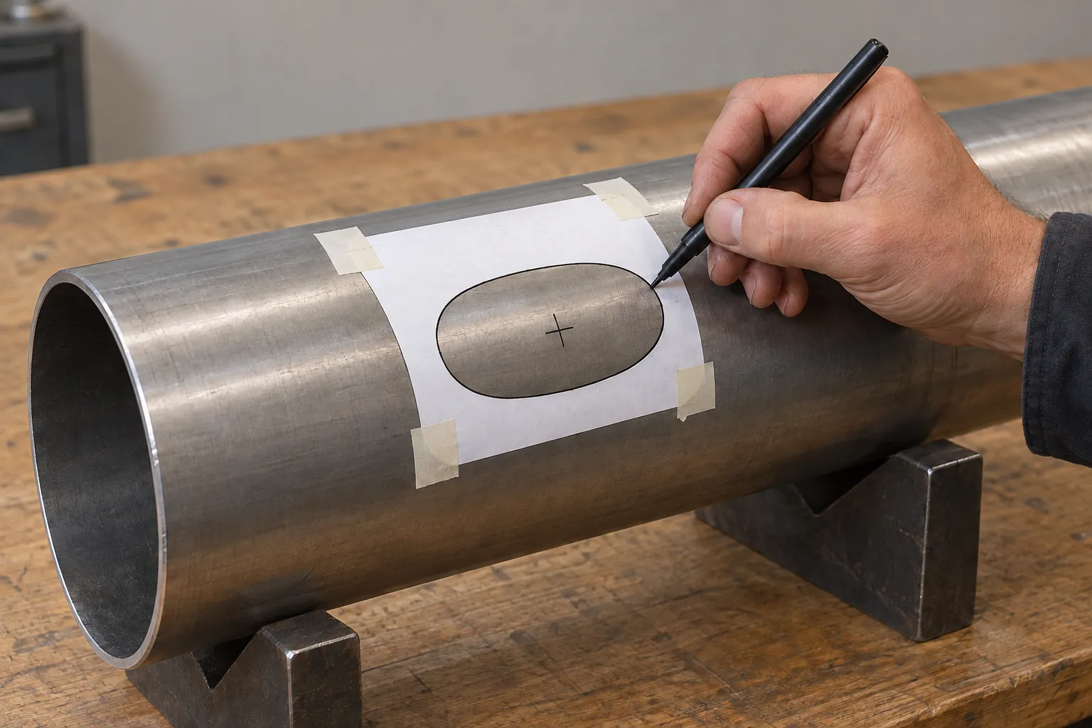 Marker tracing the edge of a paper window onto a main pipe