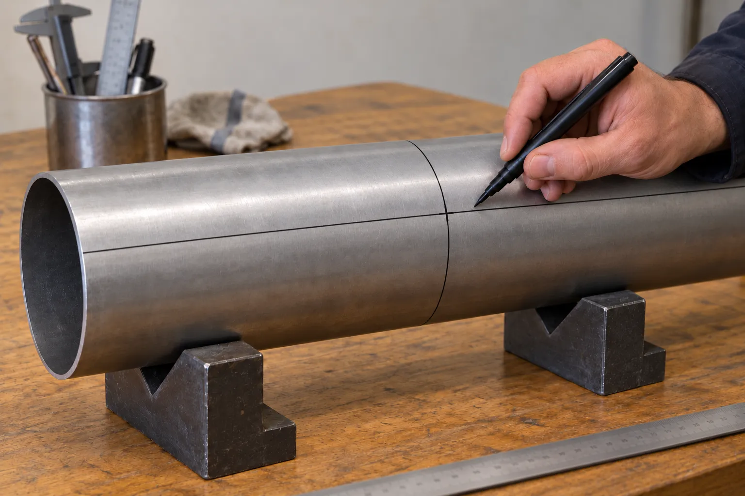 Axial line and circumferential mark crossing on a main pipe
