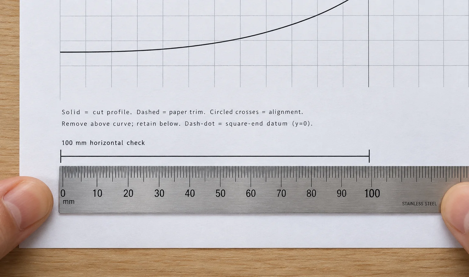 Ruler placed between the endpoint marks of a printed 100 millimetre calibration line