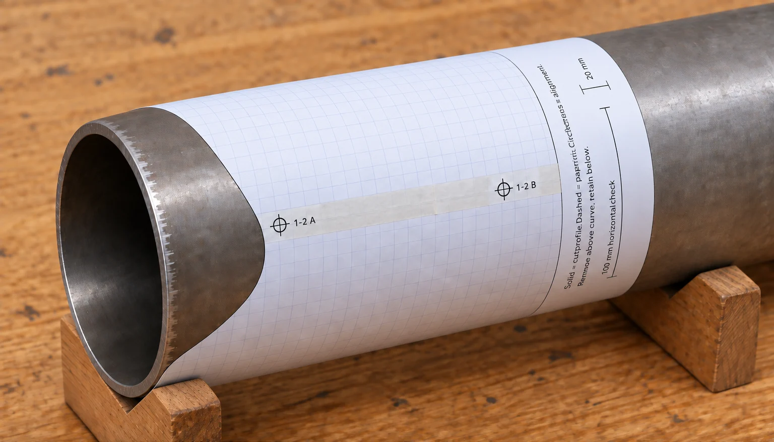 An assembled paper notch template wrapped around a round tube, with the taped page joint visible